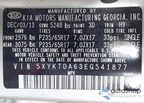 2014 Kia Sorento Lx z USA, uszkodzony, nr VIN 5XYKTDA63EG541877